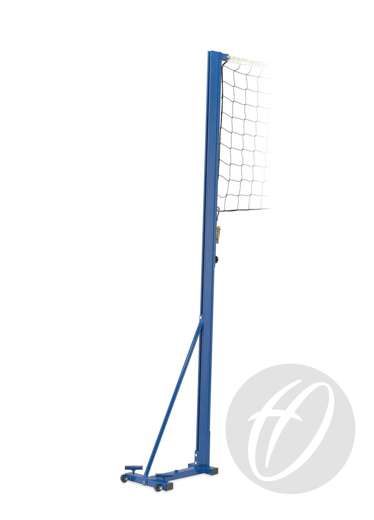 The Harrod Sport Match Play Volleyball Posts, blue metal and height adjustable with an attached net section, feature a wheelaway base for easy movement and are shown isolated on a white background.