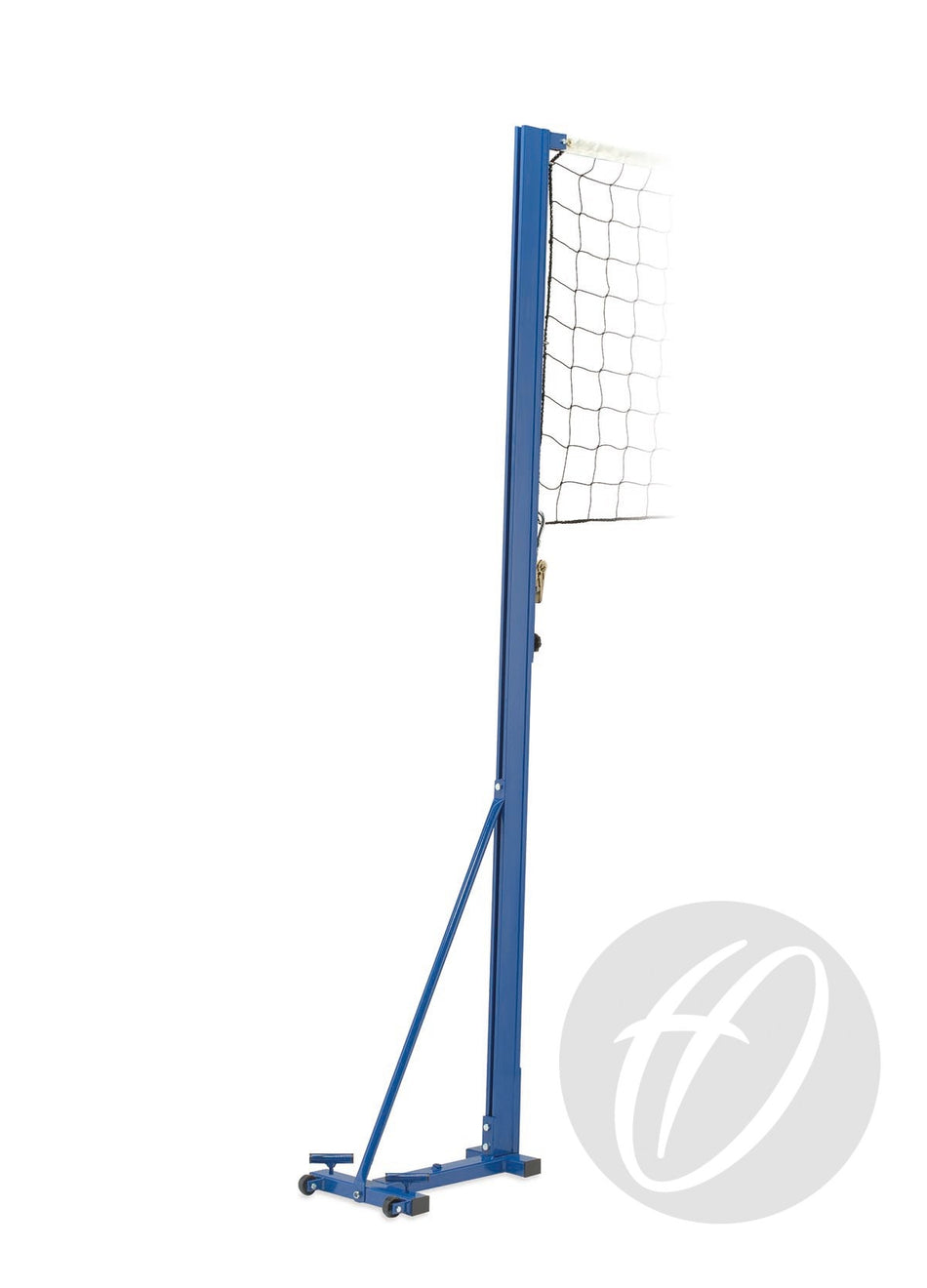 The Harrod Sport Match Play Volleyball Posts, blue metal and height adjustable with an attached net section, feature a wheelaway base for easy movement and are shown isolated on a white background.