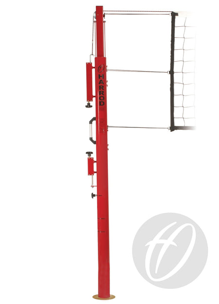 A Harrod Sport Socketed Competition Telescopic Volleyball Post, in red, features standard adjustment mechanisms and is attached to a black-and-white net. The adjustable system is shown upright against a white background.