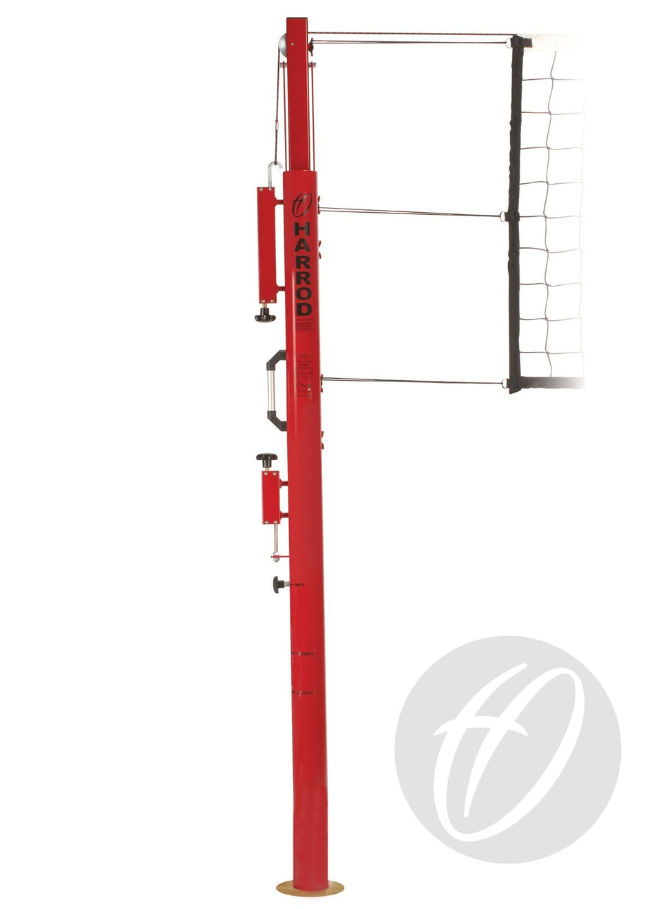 A Harrod Sport Socketed Competition Telescopic Volleyball Post, in red, features standard adjustment mechanisms and is attached to a black-and-white net. The adjustable system is shown upright against a white background.
