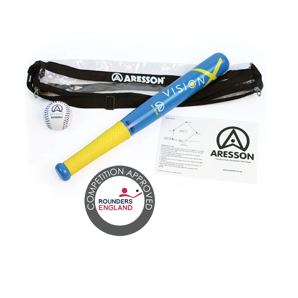 The Aresson Vision-X Rounders Bat & Ball Pack includes a blue/yellow bat, white ball, black case, paperwork, and a Competition Approved Rounders England badge—all featuring the Aresson logo—shown on a white background.