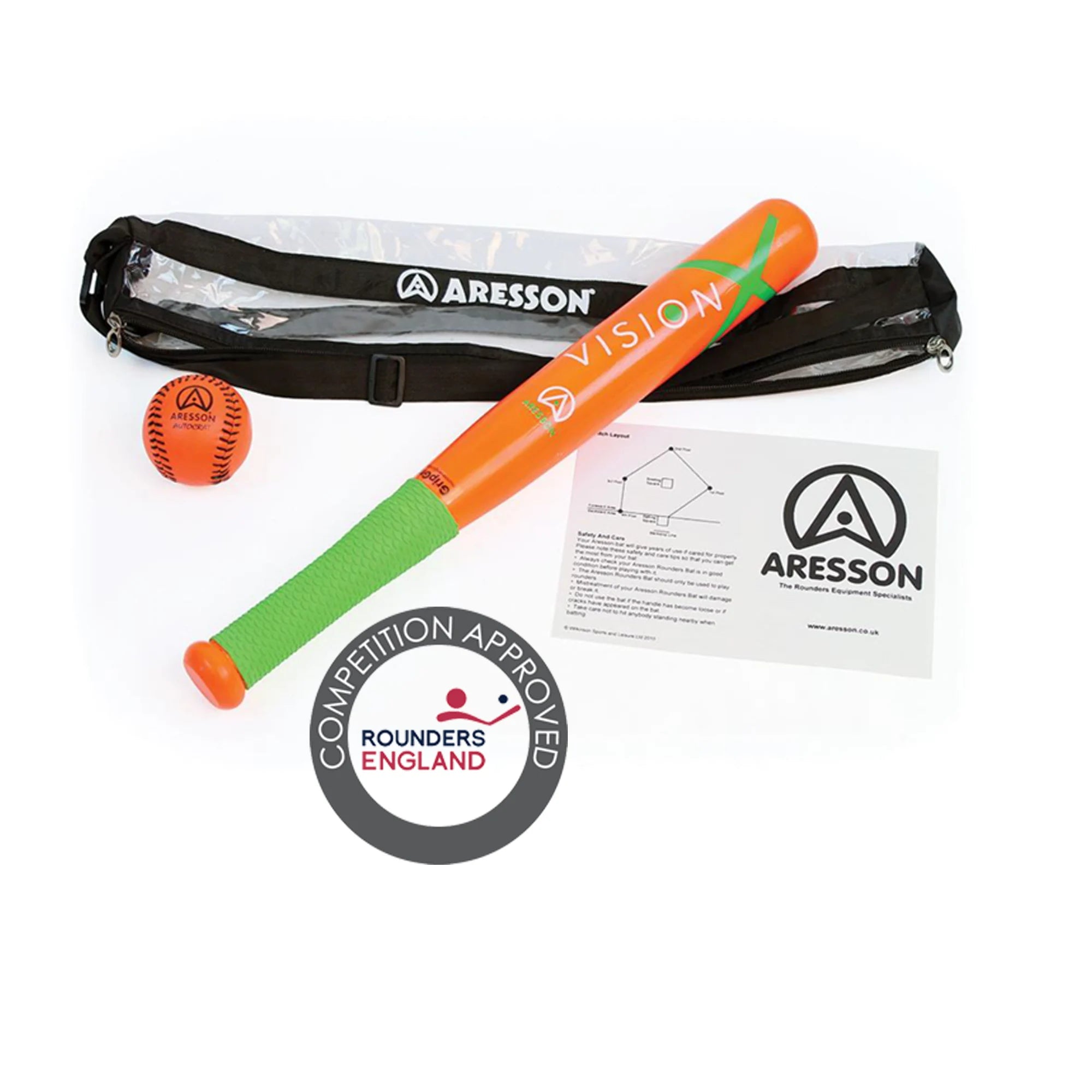 The Aresson Vision-X Rounders Bat & Ball Pack by Aresson includes an orange and green bat, Autocrat rounders ball, black carrying bag, instruction sheet, and a Rounders England approved badge.