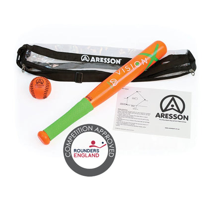The Aresson Vision-X Rounders Bat & Ball Pack by Aresson includes an orange and green bat, Autocrat rounders ball, black carrying bag, instruction sheet, and a Rounders England approved badge.