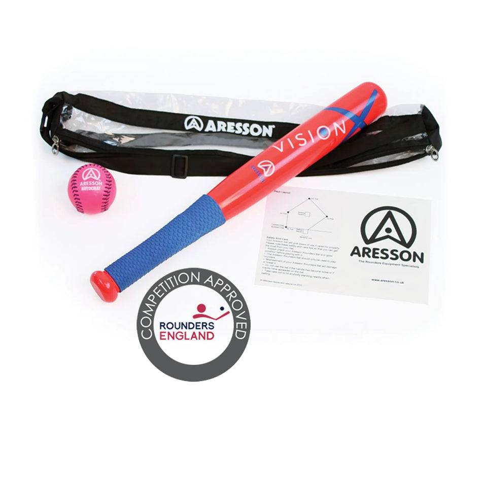 The Aresson Vision-X Rounders Bat & Ball Pack by Aresson features a red bat with blue grip, a pink ball, black carrying case, instruction sheet, and a Competition Approved Rounders England badge.