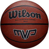 A close-up of the Wilson MVP Basketball shows its brown, textured surface with the Wilson logo and "ALL SURFACE COVER 28.5" text—making this durable rubber basketball ideal for school use, indoors or outdoors.