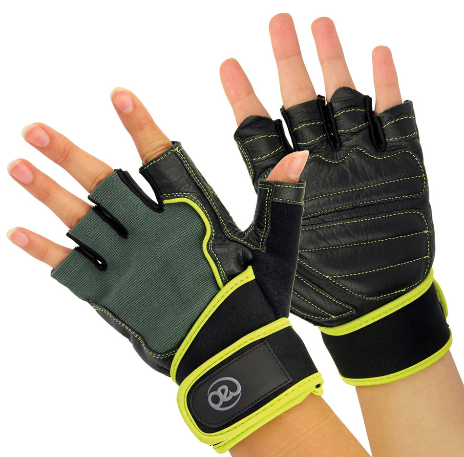 Two hands display the Fitness Mad Mens Weight Training Gloves by Fitness Mad—black and green with yellow trim, leather palms, and wrist straps—showing both palm and back views, ideal for fitness training.