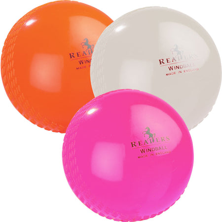 The Readers Windball cricket balls by Readers, in orange, white, and pink, each marked "READERS WINDBALL MADE IN ENGLAND," are ideal for Kwik Cricket sessions and shown on a white background.