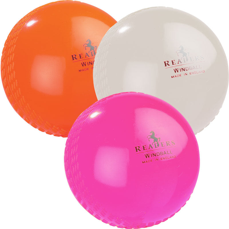 The Readers Windball cricket balls by Readers, in orange, white, and pink, each marked "READERS WINDBALL MADE IN ENGLAND," are ideal for Kwik Cricket sessions and shown on a white background.