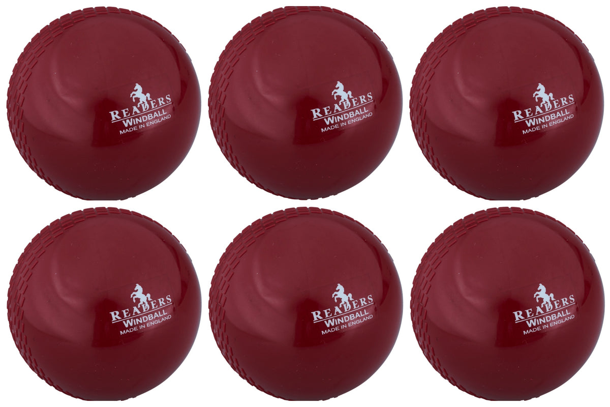 Six maroon Readers Windball coaching cricket balls, arranged in two rows of three. Each soft training ball features a stitched seam and white text with the Readers logo, all set against a plain white background. Pack includes 6 balls.