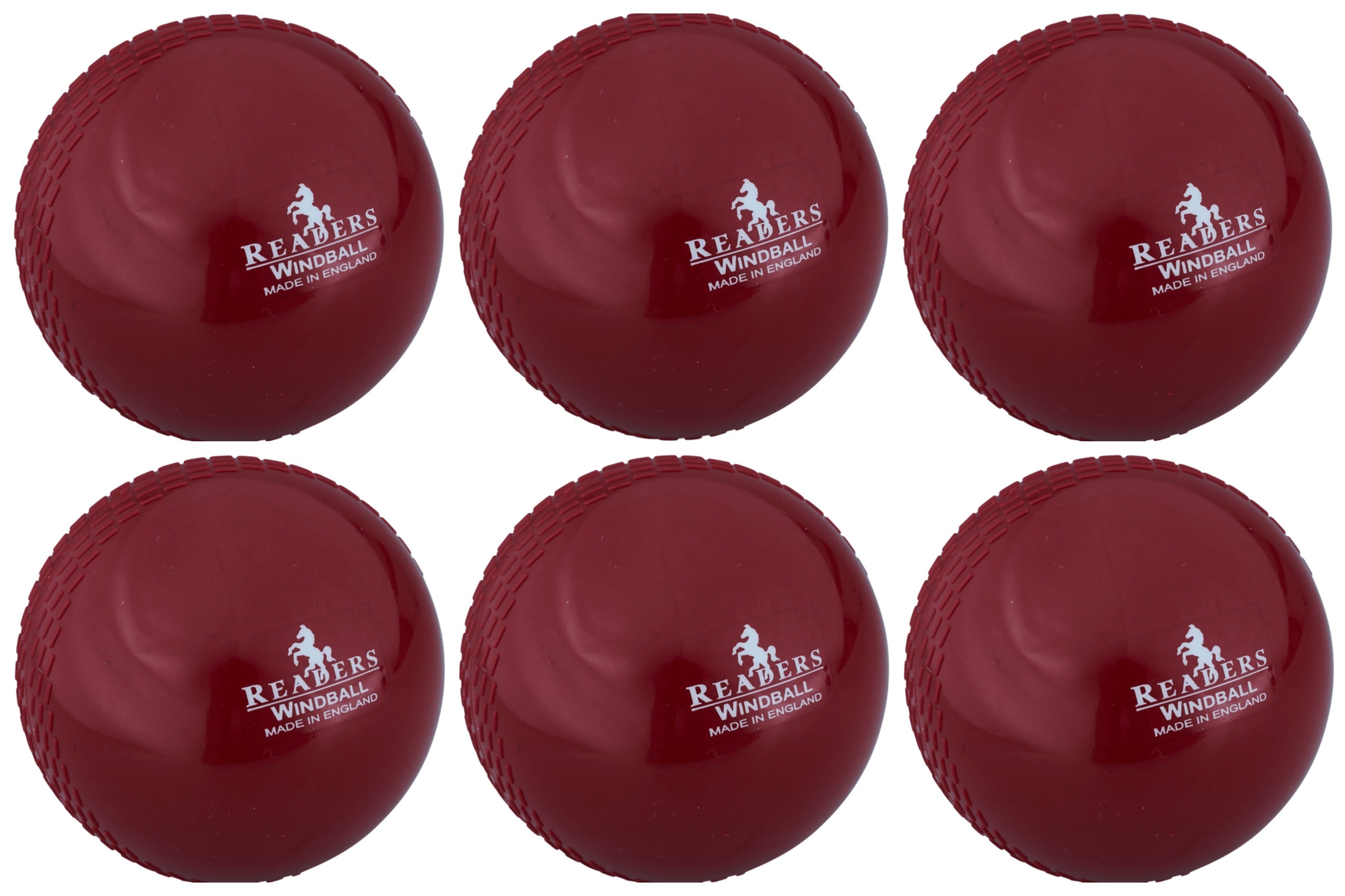 Six maroon Readers Windball coaching cricket balls, arranged in two rows of three. Each soft training ball features a stitched seam and white text with the Readers logo, all set against a plain white background. Pack includes 6 balls.
