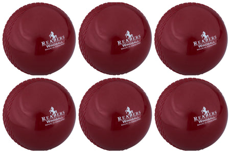 Six maroon Readers Windball coaching cricket balls, arranged in two rows of three. Each soft training ball features a stitched seam and white text with the Readers logo, all set against a plain white background. Pack includes 6 balls.