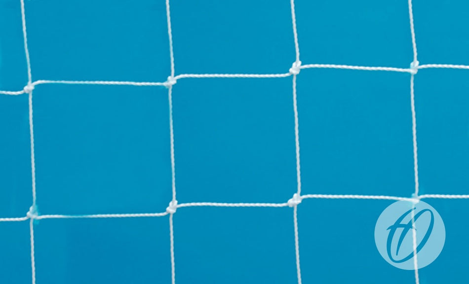 Close-up of a regulation size Harrod Sport Water Polo Net, 2.5MM white polyethylene, set against a bright blue background with a circular AO logo in the lower right corner.