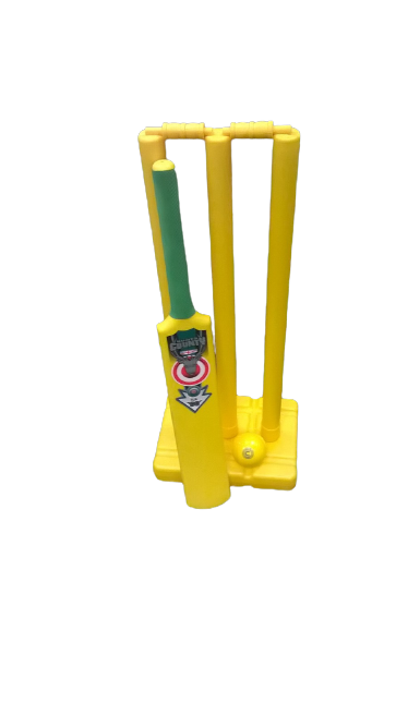 The Hunts County Beach Cricket Set features a yellow plastic bat with a green handle, three stumps, and a yellow ball, all displayed on a white background.