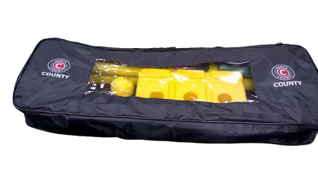 The Hunts County Beach Cricket Set comes in a black zippered bag with a transparent top, showcasing the yellow set inside. County logos on each side make it perfect for casual games and easy transport.