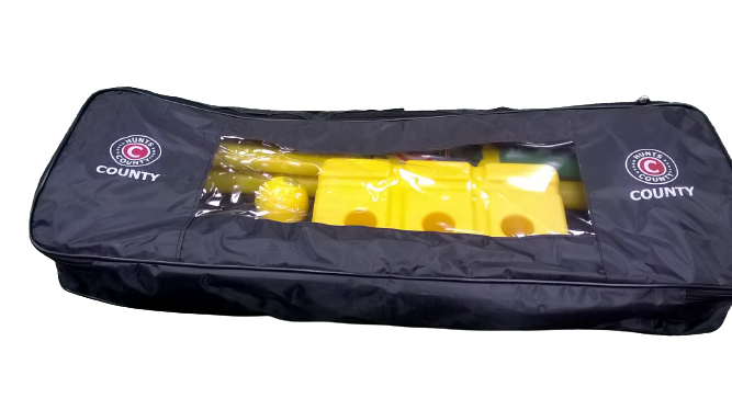 The Hunts County Beach Cricket Set comes in a black zippered bag with a transparent top, showcasing the yellow set inside. County logos on each side make it perfect for casual games and easy transport.