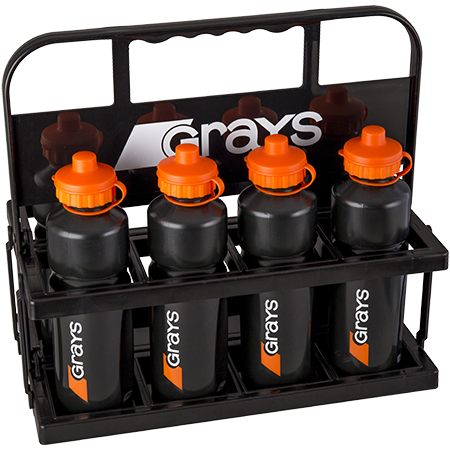The Grays Water Bottle Carrier holds six black Grays sports bottles with orange caps in a compact black carrier, arranged in two rows of three for easy transport.