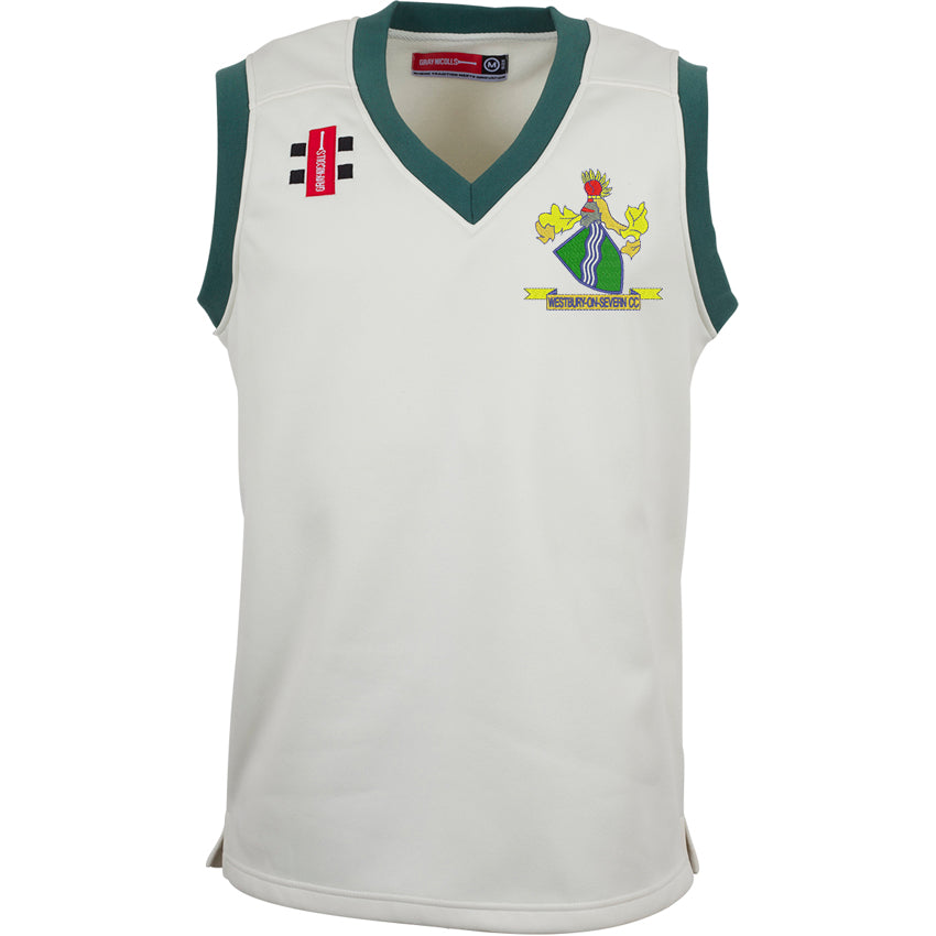 The Gray Nicolls Westbury-on-Severn CC Pro Performance Slipover is a sleeveless white cricket slipover with black/red logos, an embroidered crest (crown, yellow lions), and dark green trim on the neck and armholes—ideal for match days.