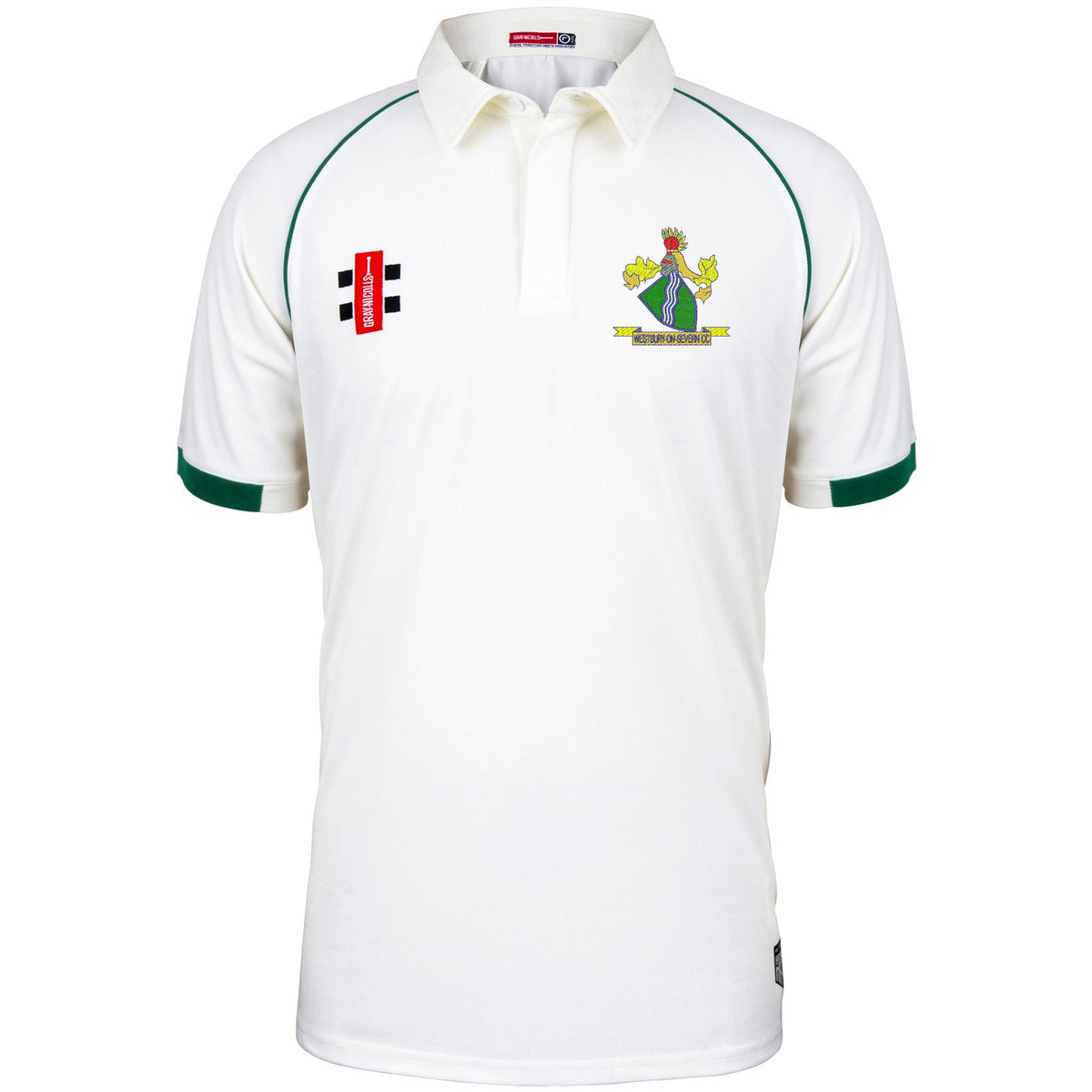 The Gray Nicolls Westbury-on-Severn CC Matrix V2 Short Sleeve Match Shirt is a white cricket shirt with green trim on the sleeves and collar, featuring two embroidered chest logos—one with a red stripe and one with a crest.