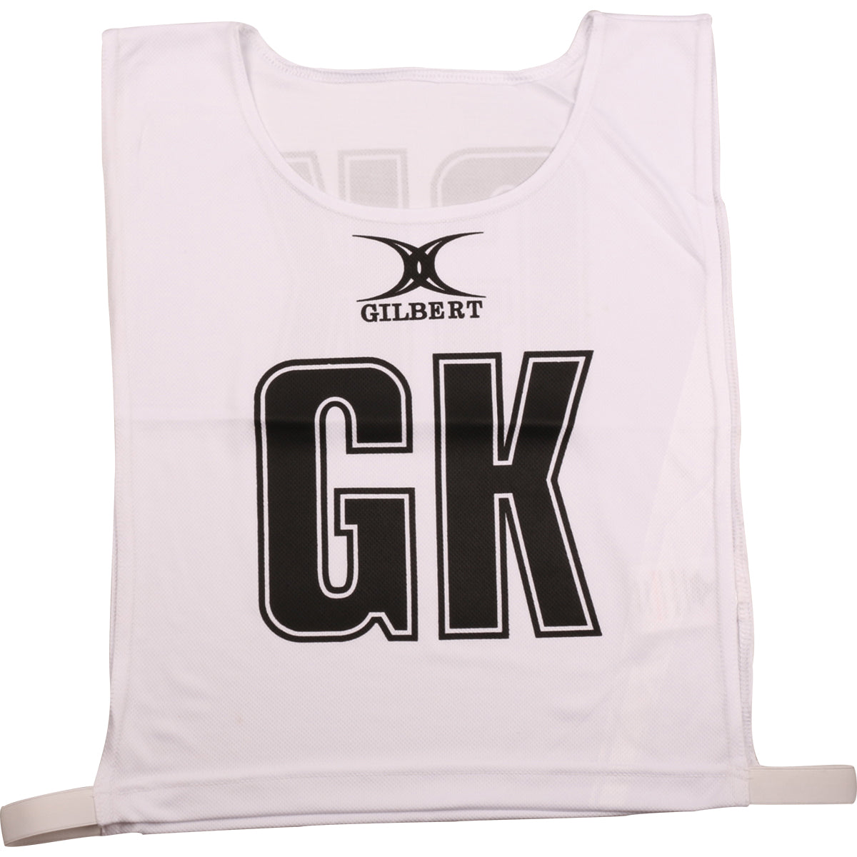 The Gilbert Netball Bibs in white feature bold black GK letters on the front, the Gilbert logo above, and elastic side straps for comfort. Made from breathable polyester—perfect for any netball bibs set.
