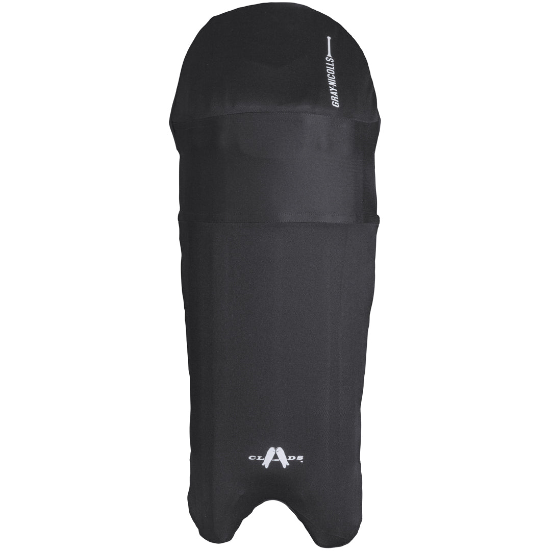 A pair of Gray Nicolls Cricket Wicket Keeping Clads with a sleek, streamlined design, featuring a small white logo and text near the top. Form-fitting for protection, they’re available in both junior and senior sizes for a perfect fit.