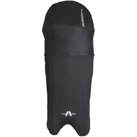 A pair of Gray Nicolls Cricket Wicket Keeping Clads with a sleek, streamlined design, featuring a small white logo and text near the top. Form-fitting for protection, they’re available in both junior and senior sizes for a perfect fit.
