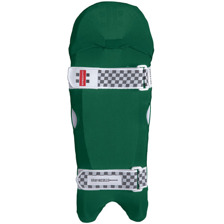 The Gray Nicolls Cricket Wicket Keeping Clads are green pads with white and black checkered straps, red accents on the upper strap, and the Gray Nicolls logo—ideal for junior and senior players.