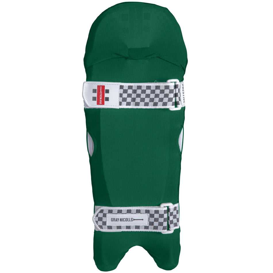 The Gray Nicolls Cricket Wicket Keeping Clads are green pads with white and black checkered straps, red accents on the upper strap, and the Gray Nicolls logo—ideal for junior and senior players.