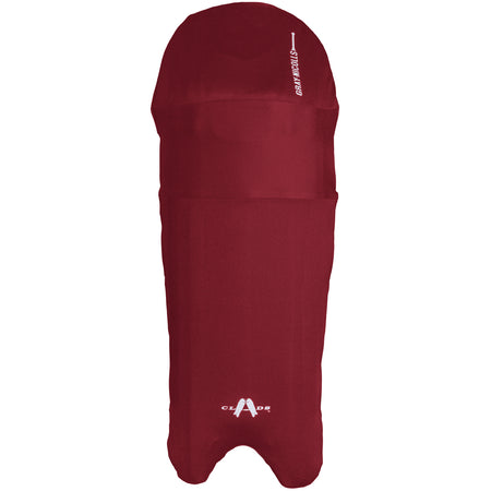 A maroon protective cover for Cricket Wicket Keeping Clads by Gray Nicolls, featuring a hooded top and color accents. Displays a white Gray Nicolls logo on the upper side and is suitable for both junior and senior use.