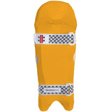 The Gray Nicolls Cricket Wicket Keeping Clads feature a bright yellow design, white and black checkered straps, and branding on the lower strap. Available in junior and senior sizes. Shown against a plain white background.