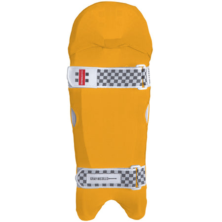 The Gray Nicolls Cricket Wicket Keeping Clads feature a bright yellow design, white and black checkered straps, and branding on the lower strap. Available in junior and senior sizes. Shown against a plain white background.