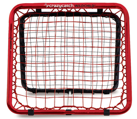The Crazy Catch Wildchild Classic by Crazy Catch is a rectangular rebound net with a red frame and black bungee cords, designed to enhance hand-eye coordination and improve ball rebound practice for sports training.