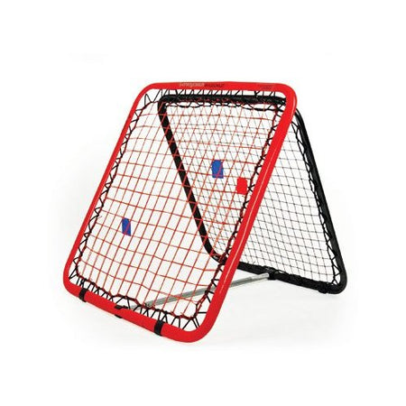 The Crazy Catch Wildchild Classic by Crazy Catch is a two-sided sports rebound net with red and black frames, tightly strung netting, designed as a reaction trainer to boost hand-eye coordination during ball practice and training.