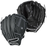 Two black Wilson A360 Baseball Gloves with gray lacing, shown from different angles to display the palm and back. Each 12-inch glove features the Wilson logo and offers versatile performance for baseball use.