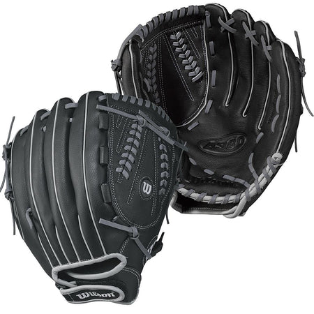 Two black Wilson A360 Baseball Gloves with gray lacing, shown from different angles to display the palm and back. Each 12-inch glove features the Wilson logo and offers versatile performance for baseball use.