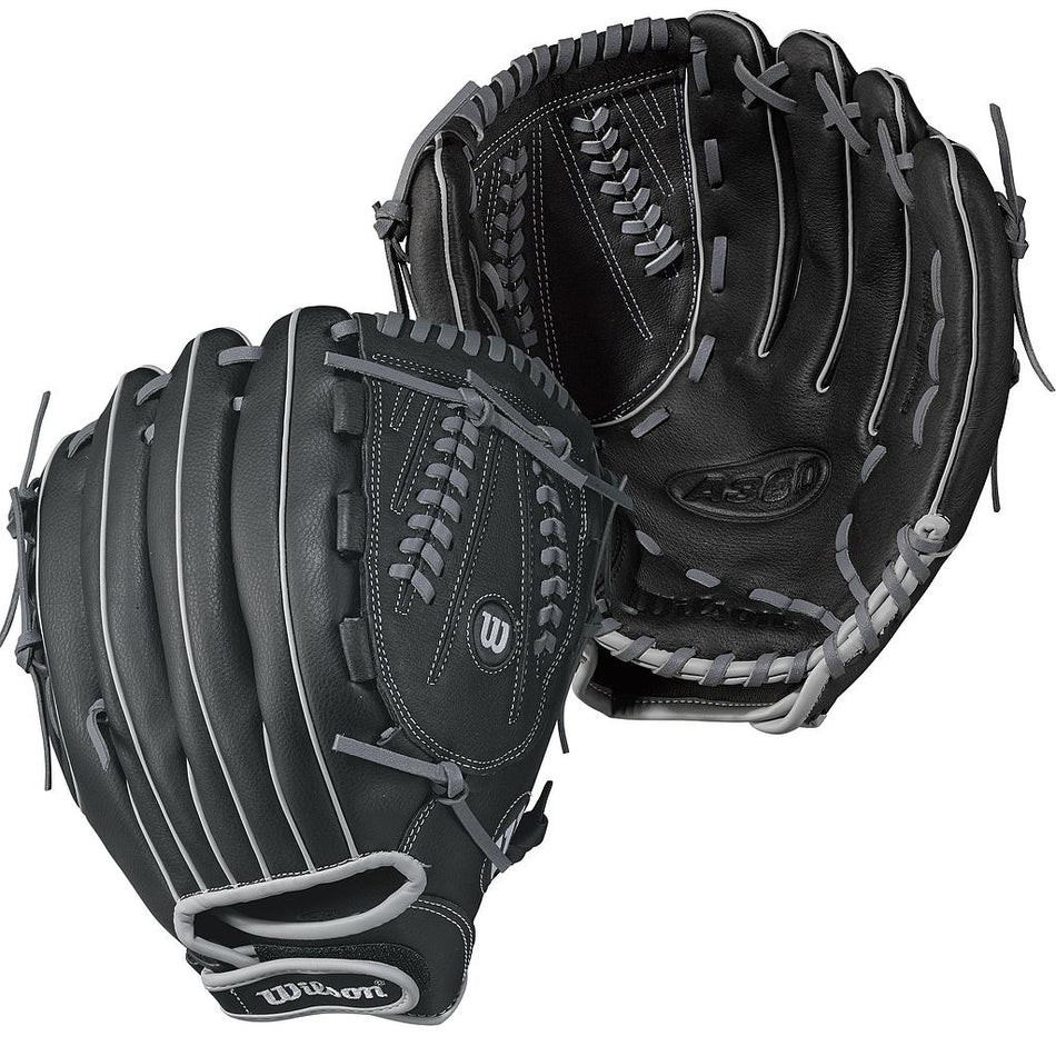 Two black Wilson A360 Baseball Gloves with gray lacing, shown from different angles to display the palm and back. Each 12-inch glove features the Wilson logo and offers versatile performance for baseball use.