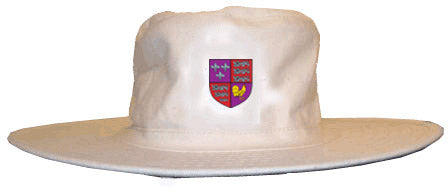 The Winchcombe CC Sun Hat by Martin Berrill Sports is a cream, wide-brimmed hat with a vibrant club logo shield crest on the front—ideal as the official sun hat for Winchcombe CC.