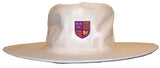 The Winchcombe CC Sun Hat by Martin Berrill Sports is a cream, wide-brimmed hat with a vibrant club logo shield crest on the front—ideal as the official sun hat for Winchcombe CC.