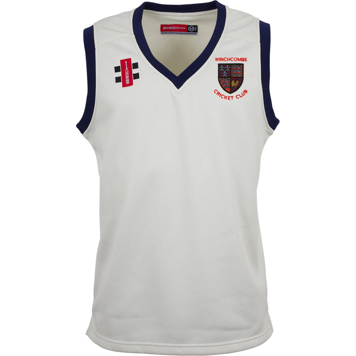 The Gray Nicolls Winchcombe CC Pro Performance Slipover is a sleeveless white cricket jersey with navy trim, made from sport-specific fabrics, featuring the club crest on the left chest and two sponsor logos on the right.