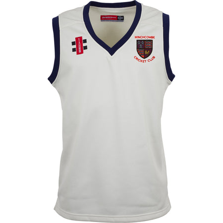 The Gray Nicolls Winchcombe CC Pro Performance Slipover is a sleeveless white cricket jersey with navy trim, made from sport-specific fabrics, featuring the club crest on the left chest and two sponsor logos on the right.
