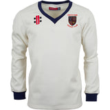 The Gray Nicolls Winchcombe CC Pro Performance Sweater is a white long-sleeve top with navy cuffs and collar, club logo on the left chest, two extra patches, and sport-specific fabric for comfort and durability.