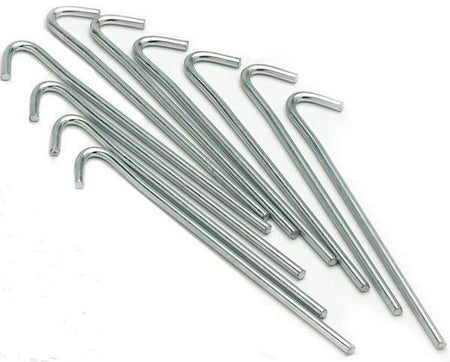 A pack of ten Precision Training Metal Pegs, each 7 inches and featuring hooked ends, is arranged in a slightly overlapping, fanned-out pattern on a white background.