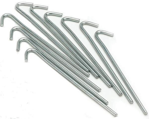A pack of ten Precision Training Metal Pegs, each 7 inches and featuring hooked ends, is arranged in a slightly overlapping, fanned-out pattern on a white background.