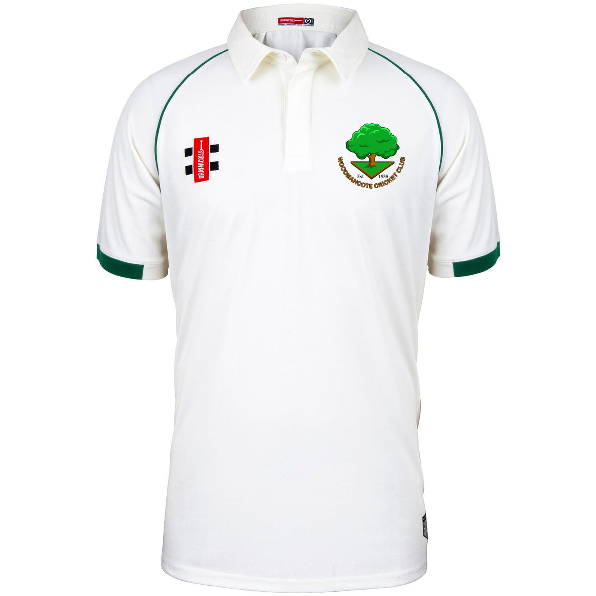 The Woodmancote CC Matrix V2 Short Sleeve Match Shirt by Martin Berrill Sports is a breathable white cricket polo with green trim, a club badge featuring a tree, and an emblem with vertical black and red stripes on the chest.