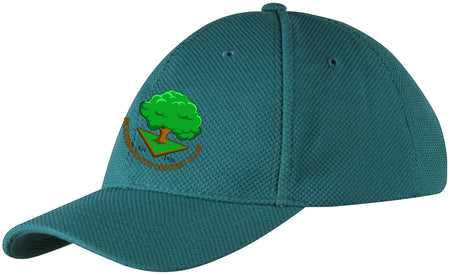 The Woodmancote CC Baseball Cap by Martin Berrill Sports features the club logo with a green tree above the club name in orange on a brown triangle, all on a green cap.