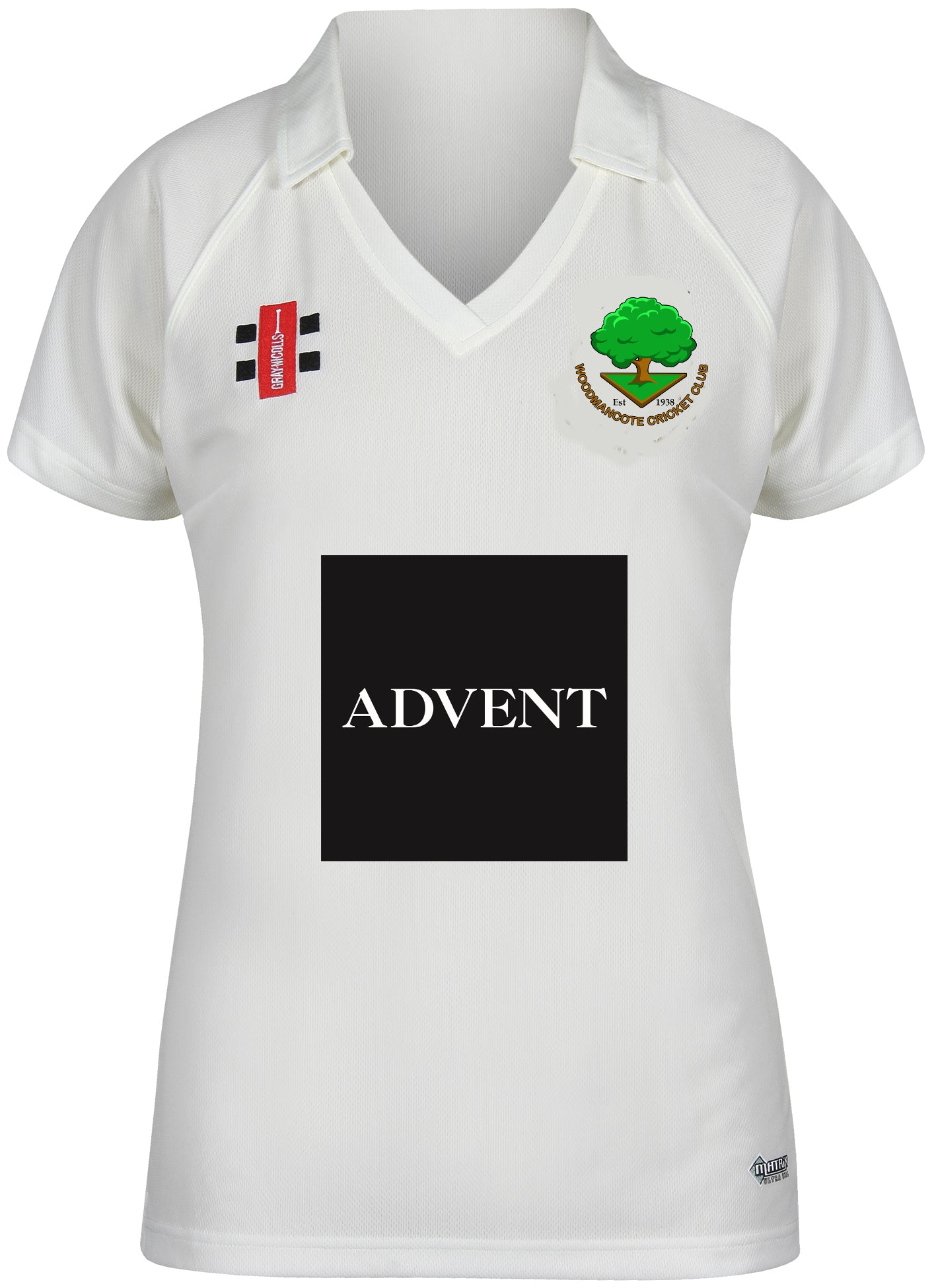 The Gray Nicolls Woodmancote CC Ladies Matrix V2 Short Sleeve Shirt is a breathable polyester cricket jersey in white, featuring a collar, club logo and text on the left chest, sponsor logos on the right, and a bold ADVENT logo in the center.
