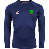 The Gray Nicolls Woodmancote CC Long Sleeve Matrix V2 Navy Training Shirt features a crew neck, red and white chest logo, green tree emblem with yellow text, and moisture-wicking fabric—perfect for training.