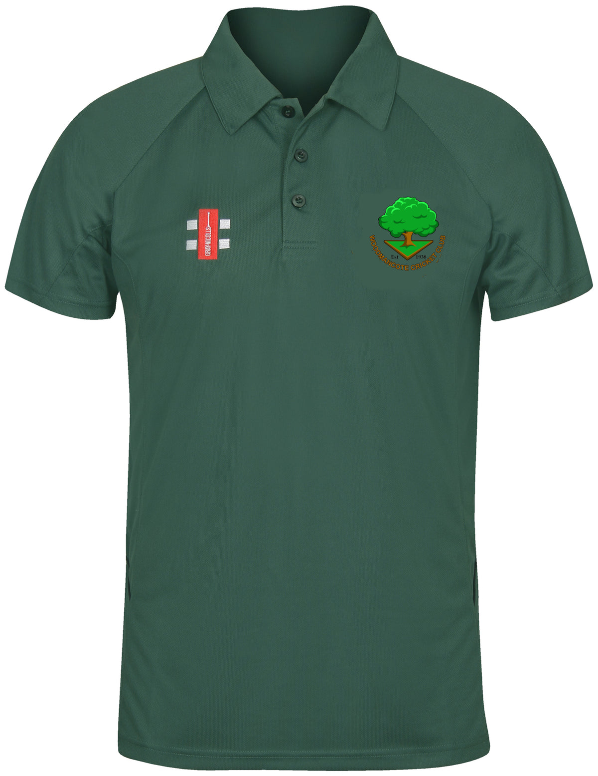 The Woodmancote CC Matrix V2 Polo Shirt by Gray Nicolls is a dark green, short-sleeved training polo with a collar, featuring a red and white logo on the right chest and a circular green tree emblem on the left. Excellent moisture management.
