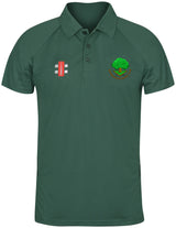 The Woodmancote CC Matrix V2 Polo Shirt by Gray Nicolls is a dark green, short-sleeved training polo with a collar, featuring a red and white logo on the right chest and a circular green tree emblem on the left. Excellent moisture management.