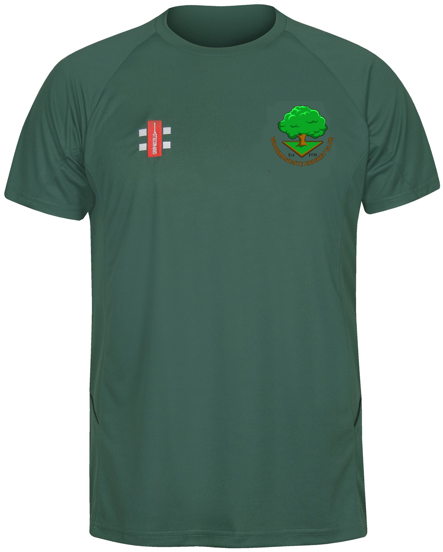 The Gray Nicolls Woodmancote CC Junior Matrix V2 T Shirt is a dark green, moisture-wicking top featuring a cricket equipment logo on the right chest and an embroidered Woodmancote CC crest with tree on the left chest.