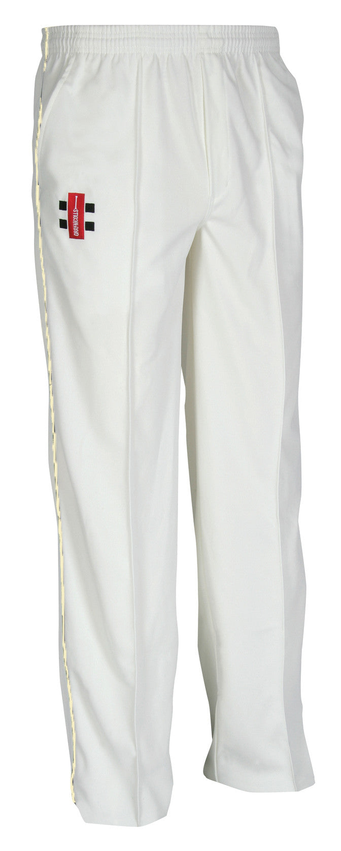 The Gray Nicolls Woodmancote CC Matrix V2 Cricket Trouser features an elastic waistband, a red logo with black and white stripes on the upper left thigh, moisture control, a slightly loose fit, and a subtle side stripe.